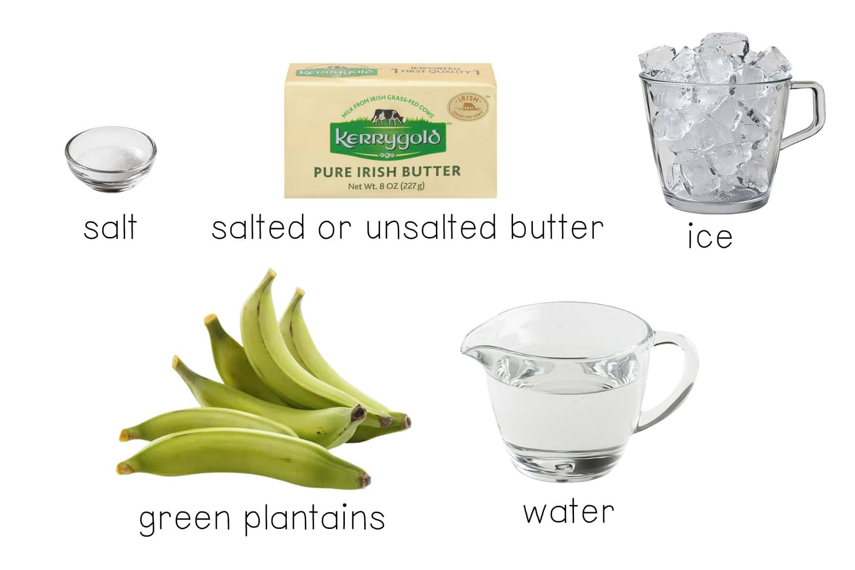 ngredients for Dominican mangú, including green plantains, salted or unsalted butter, water, salt, and ice.