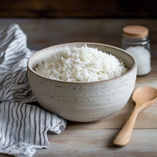 A rustic ceramic bowl filled with fluffy white rice, placed on a wooden table with a wooden spoon, a striped kitchen towel, and a jar of salt in the background