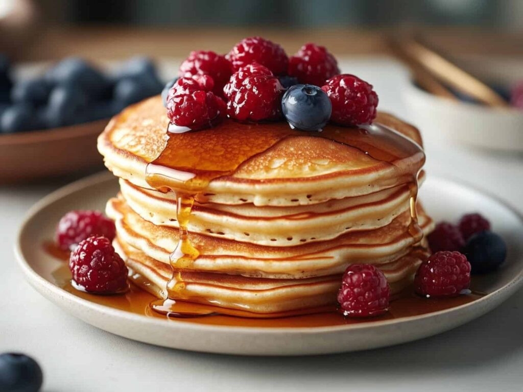 A stack of fluffy golden pancakes topped with fresh raspberries, blueberries, and drizzled maple syrup on a ceramic plate.