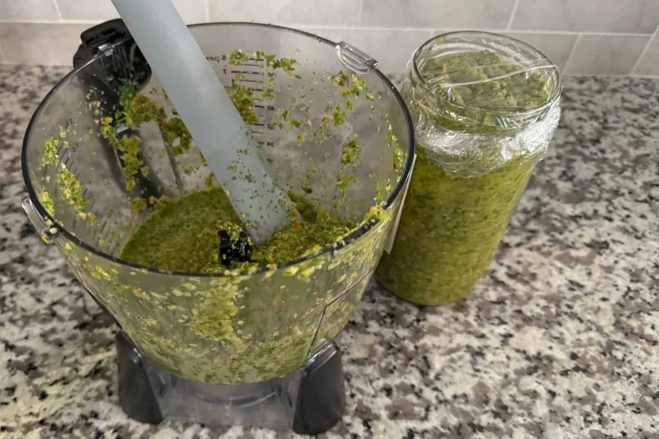 Thick, green Dominican sofrito (sazón) blended to the perfect texture in a food processor.