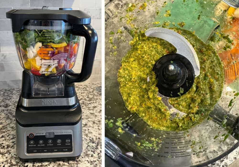 A blender filled with colorful chopped vegetables next to a processed green sazón mix in a food processor.
