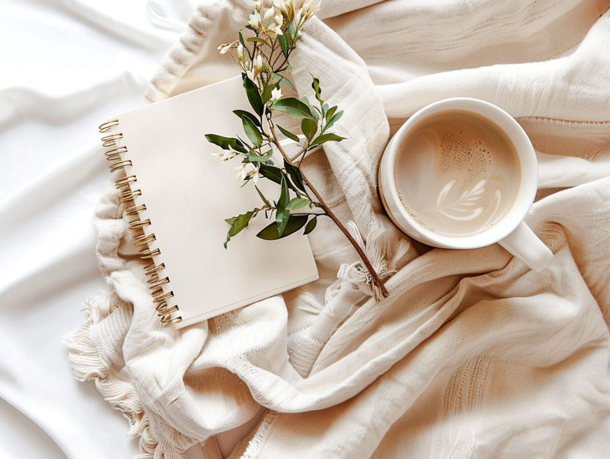Flat lay of a cup of coffee, notebook, and flowers on a cozy cream blanket, representing the peace of mind and calm that come from using Habit Hooks™ in daily routines.