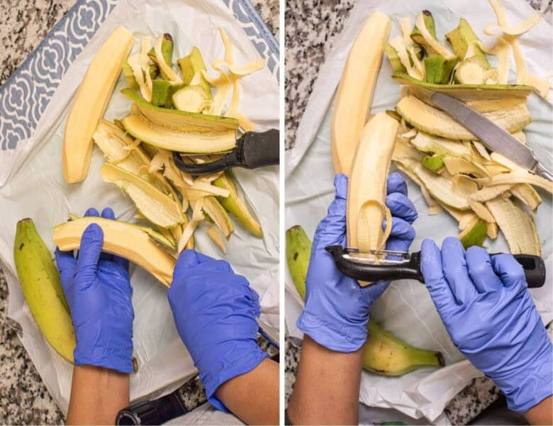 Peeling green plantains with a knife and a vegetable peeler to male tostones