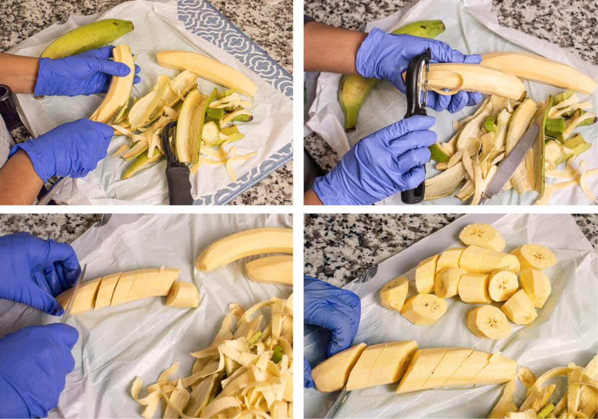 Cutting green plantain skin. Using a butter knife and a vegetable peeler to remove the skin from a green plantain for tostones