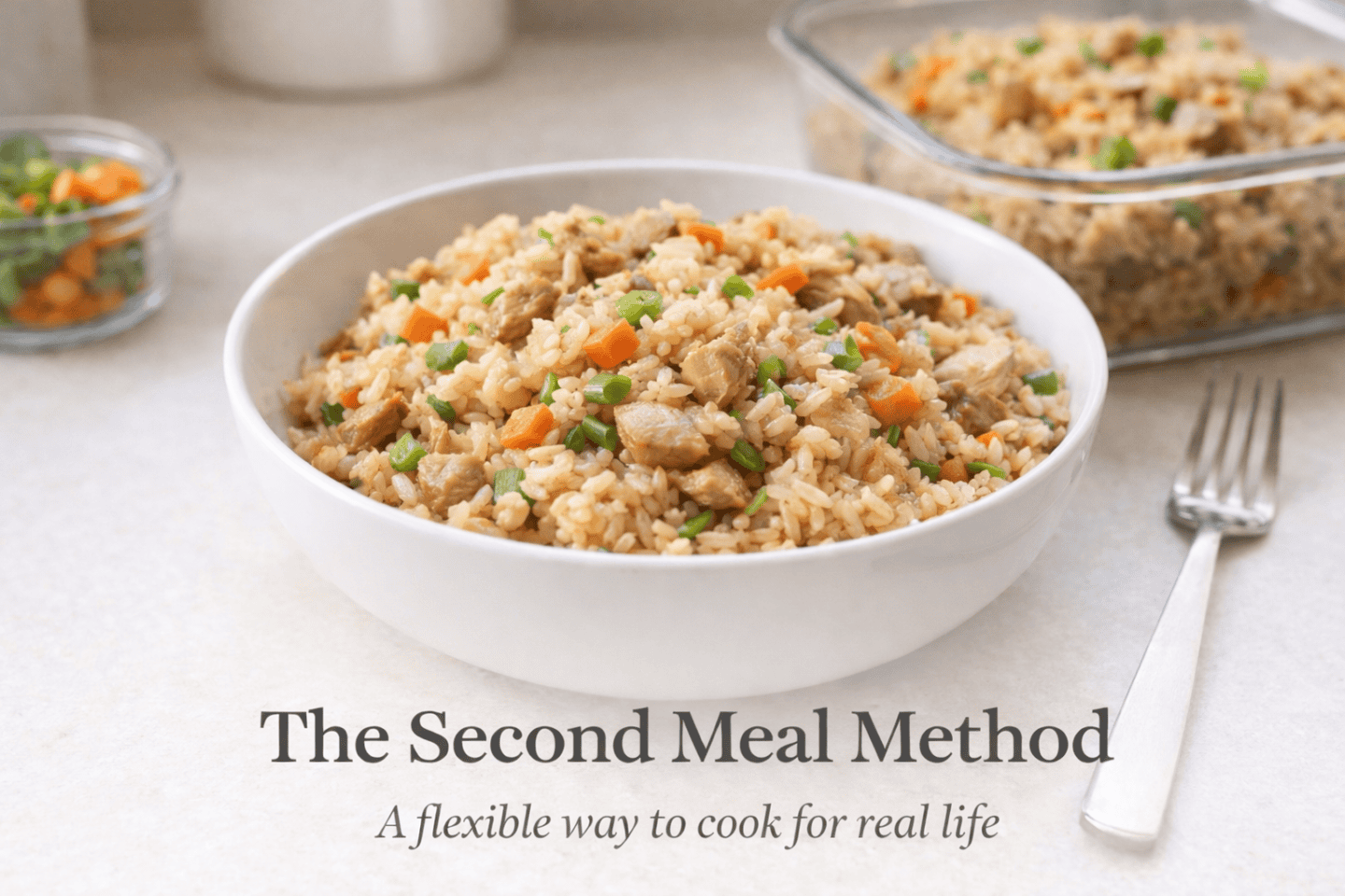 Chicken and rice bowl prepared using the Second Meal Method, a flexible meal prep alternative for busy families
