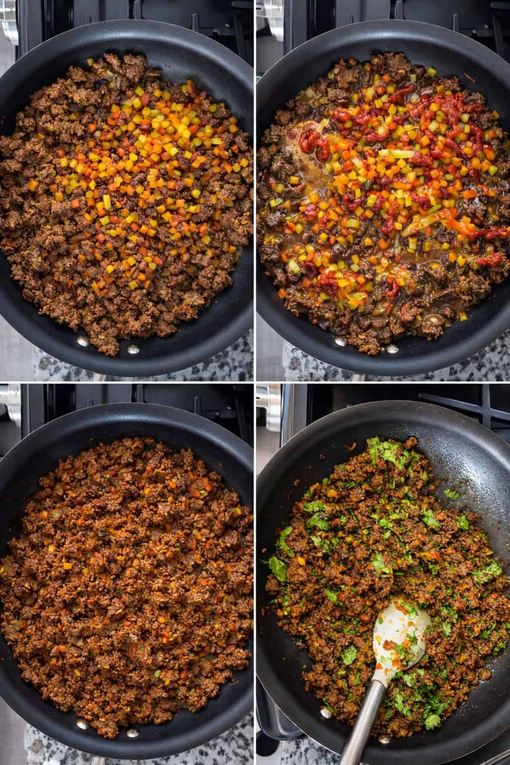 Ground beef cooking in stages with peppers and seasonings for flexible Second Meal Method ingredient prep