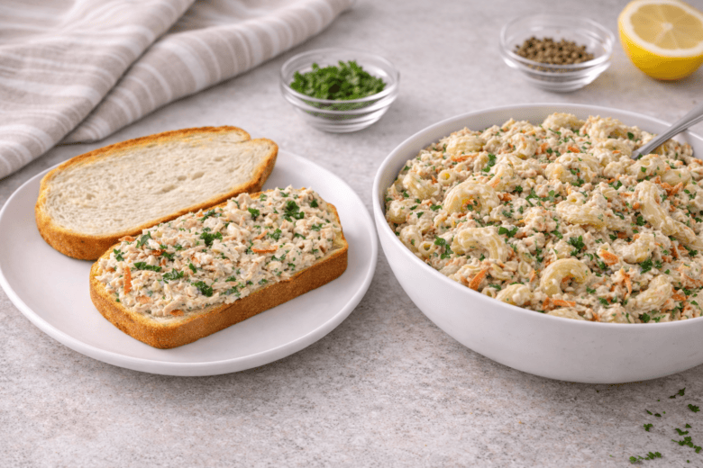 Tuna salad sandwich and tuna pasta salad made from the same base recipe for the Second Meal Method meal prep