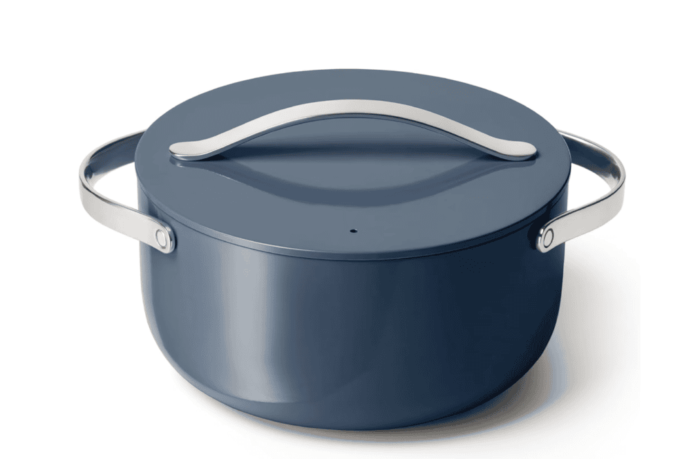 Blue Caraway ceramic Dutch oven with lid used for cooking Dominican rice, beans, soups, stews, and family meals.