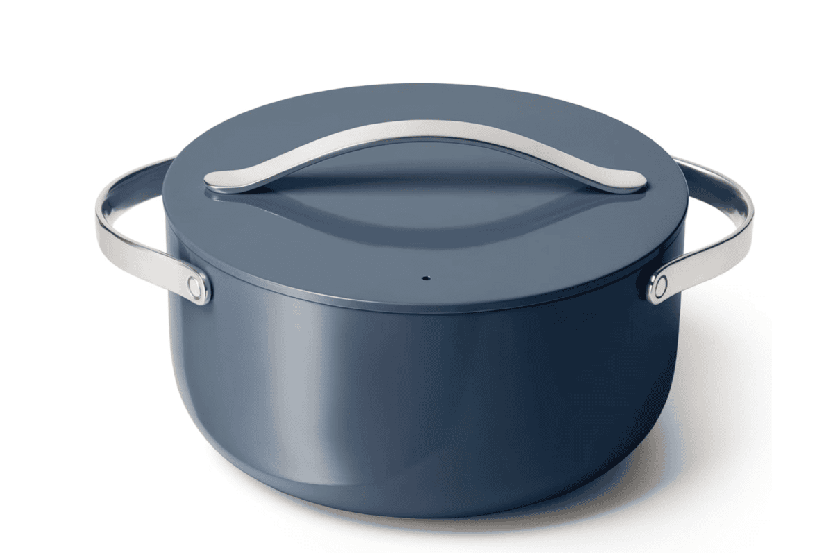 Blue Caraway ceramic Dutch oven with lid used for cooking Dominican rice, beans, soups, stews, and family meals.