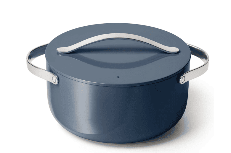 Blue Caraway ceramic Dutch oven with lid used for cooking Dominican rice, beans, soups, stews, and family meals.