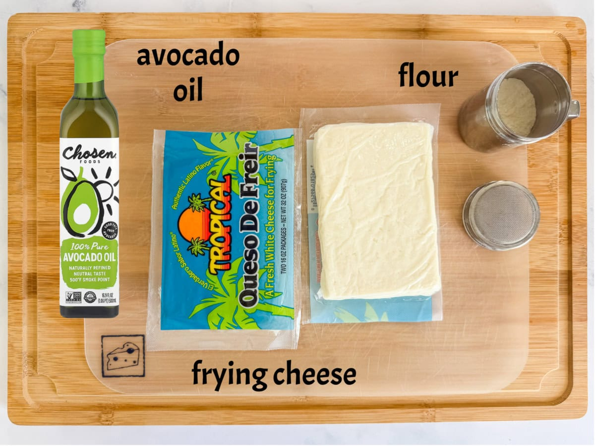 Ingredients for Dominican fried cheese: queso de freír, flour, and avocado oil